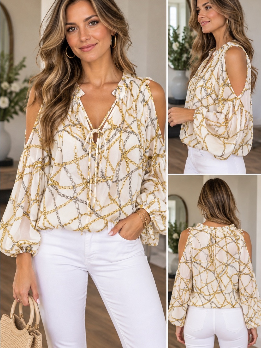 Chiffon Cold-Shoulder Blouse with Gold Chain Print - Women